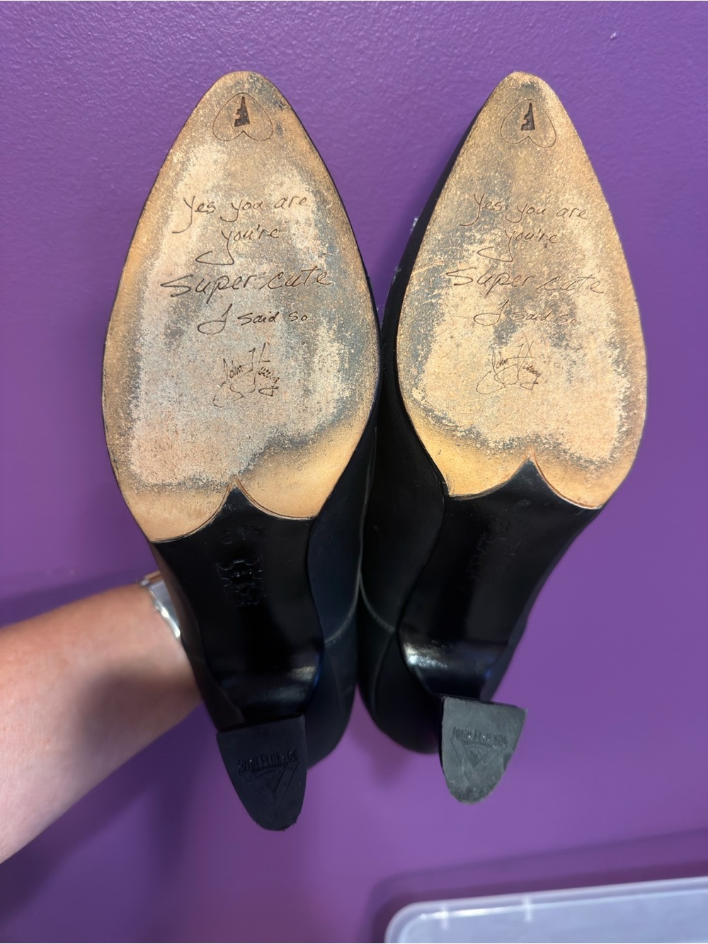 John Fluevog Black Pointed Heels with Silver Heart Embroidery and Blue Ribbon - Picture 7 of 8